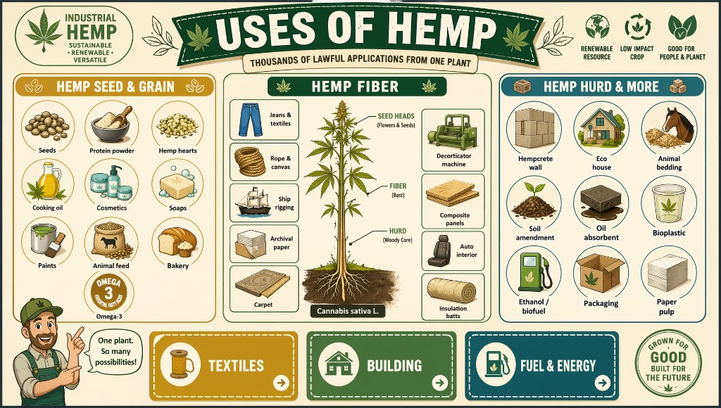 Uses of industrial hemp: seed, fiber, and hurd applications