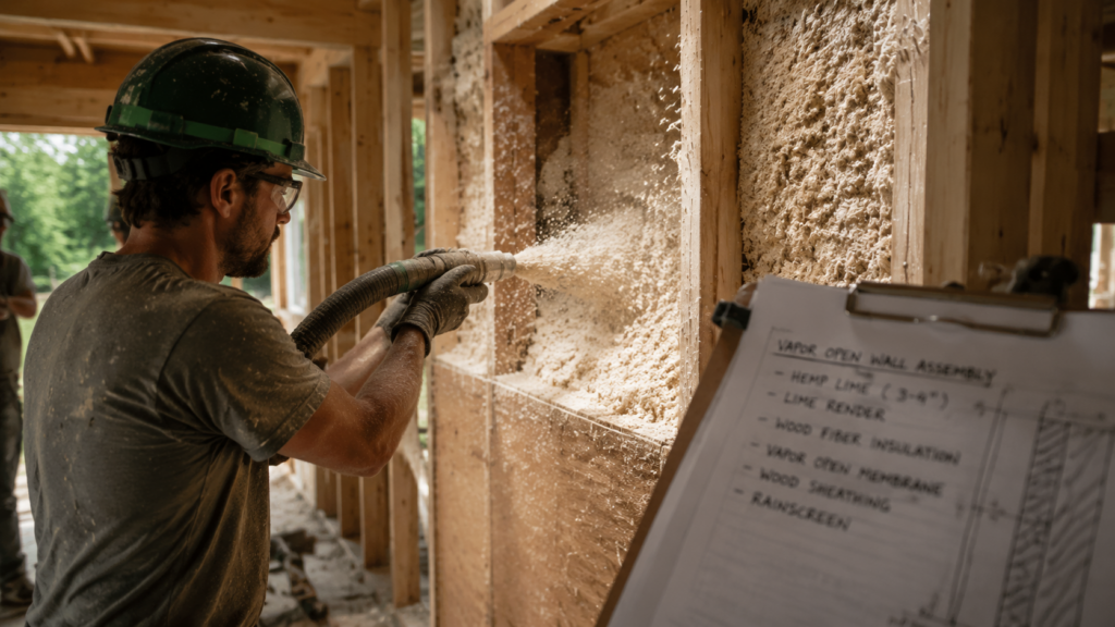 spaying hemp-lime mixture as insulation